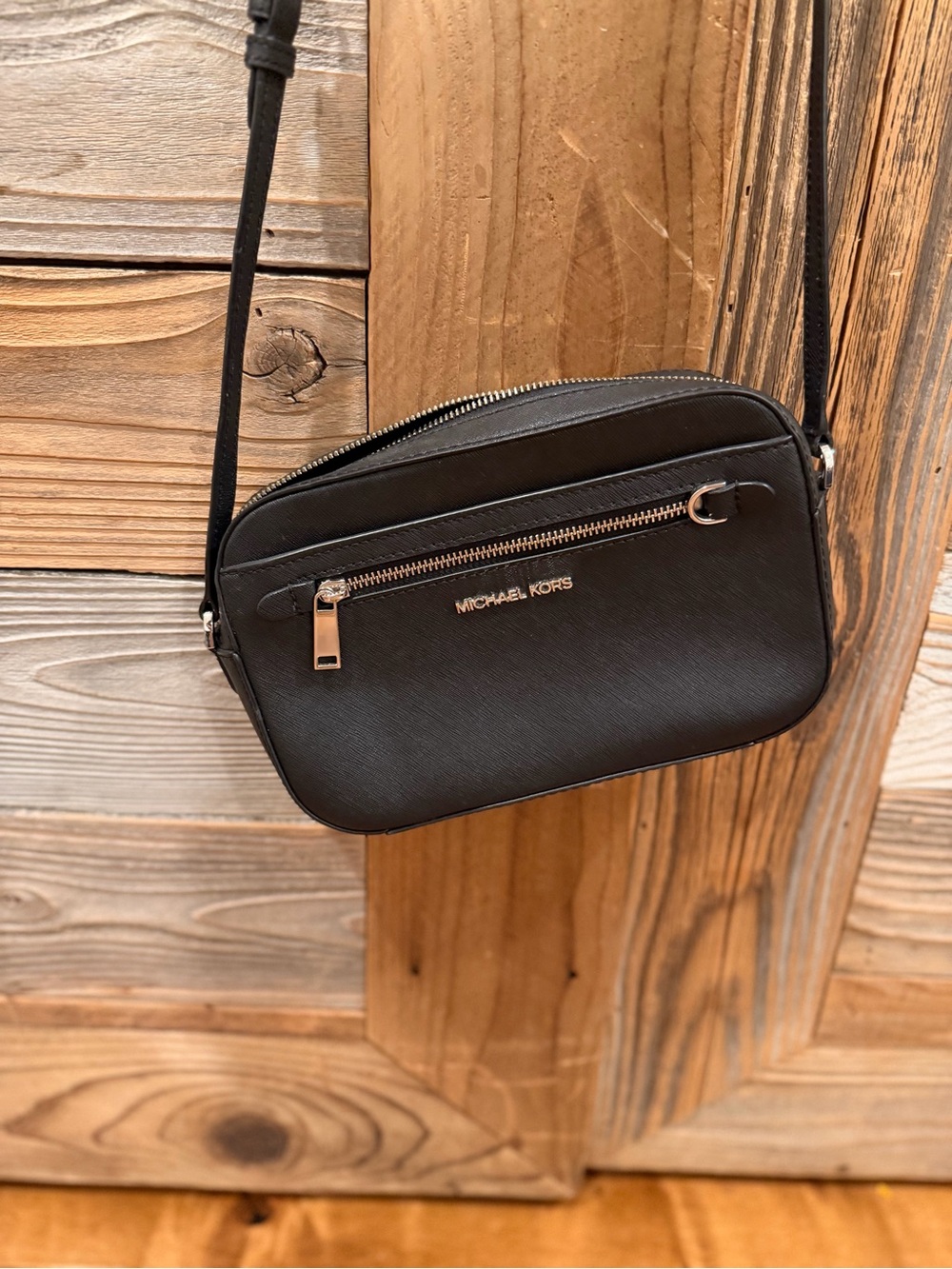 Michael Kors Black Leather Crossbody Camera Bag with Gold Hardware